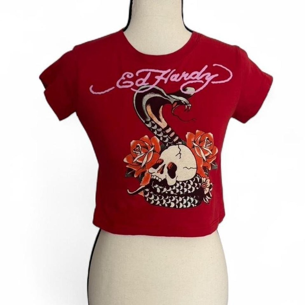 Ed Hardy Cropped Graphic Tee Red Youth Small XXS Fit